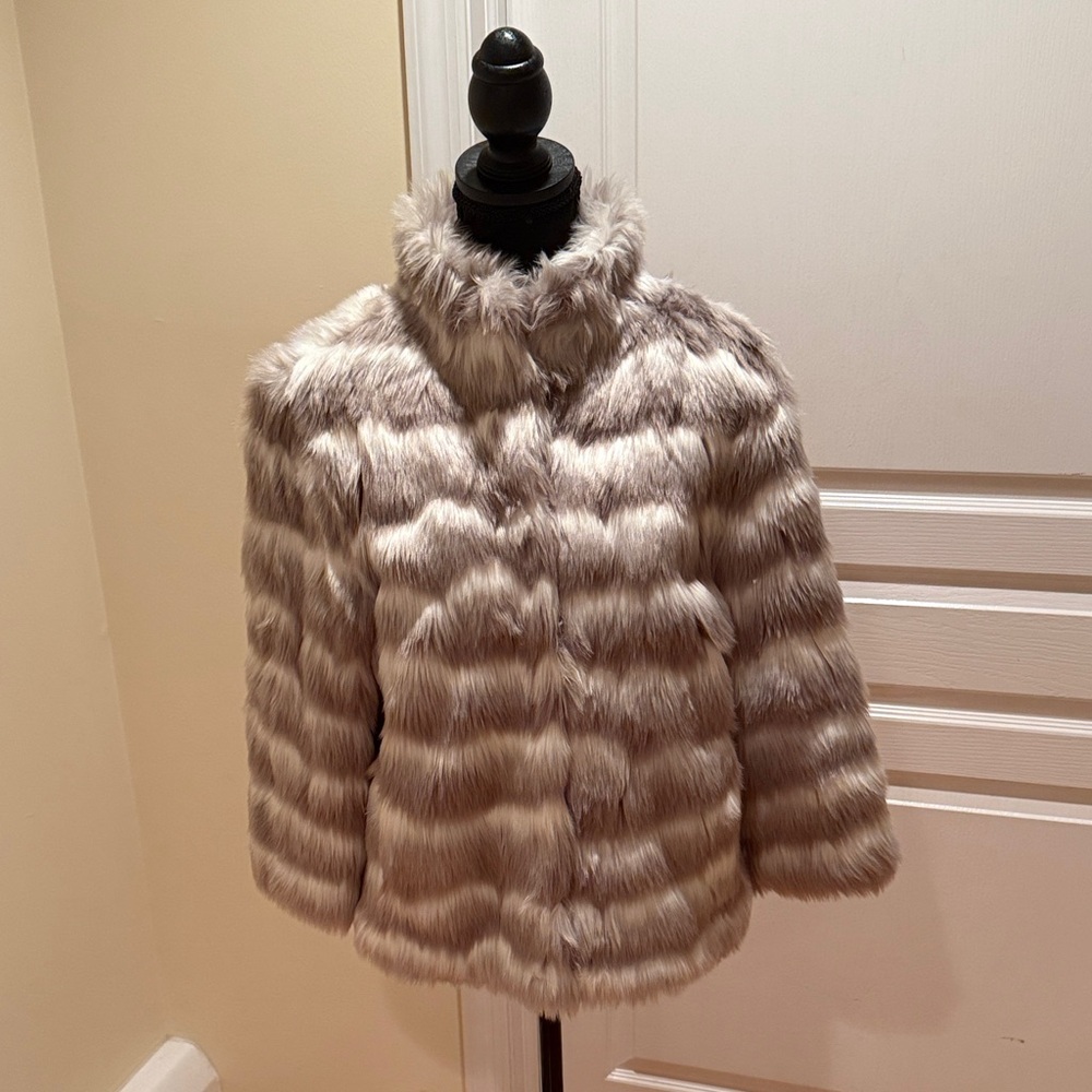 Tahari Girls 10 Faux Fur Striped Jacket - Cream Gray